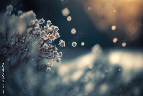 Snowflakes In The Foreground Unfocused Winter Snow Background. Generative AI