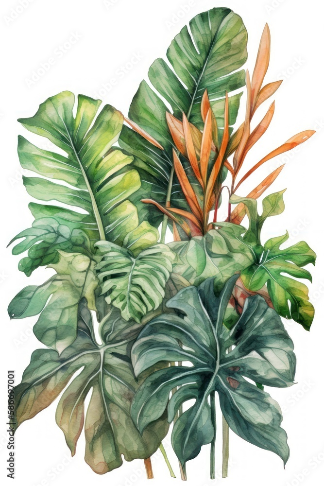 Fototapeta premium Tropical Plants Watercolor Isolated on White Background