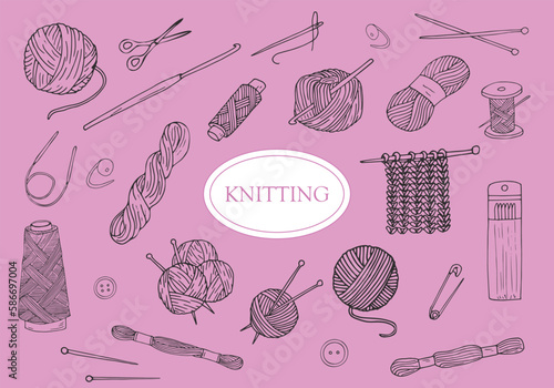 hand drawn knitting items set, isolated vector illustration. Hand-drawn instruments for knitting. Tools for knitwork, handicraft, and crocheting. Knitting wool skeins, needles, clews, 