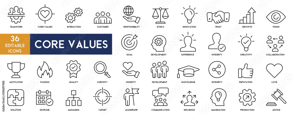 core values icons set vector illustration thin line with editable stroke on white background. teamwork, interaction, innovation, ethics, trust, growth, collaboration, development icons collection. - obrazy, fototapety, plakaty 