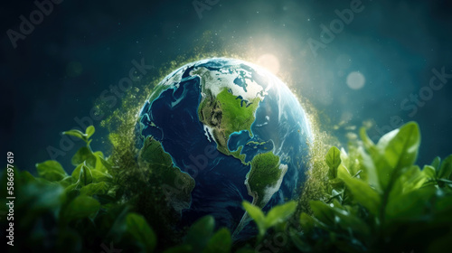 Earth globe wrapped in green leaves on the flat  background  concept of ecology and a green planet  created with Generative AI 