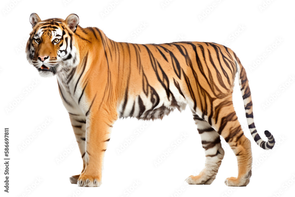 Obraz premium an isolated Bengal tiger walking side view, majestic, stalking prey, fierce jungle-themed photorealistic illustration on a transparent background in PNG. horizontal. Generative AI