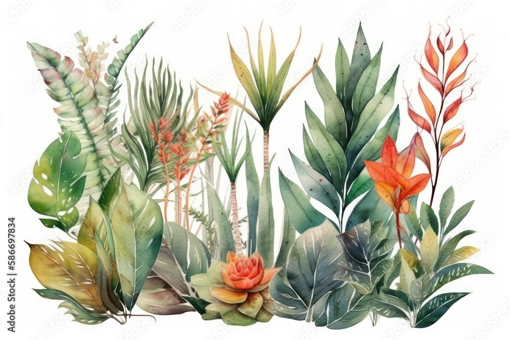 Obraz premium Tropical Plants Watercolor Isolated on White Background
