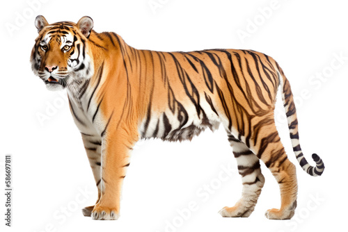 an isolated Bengal tiger walking side view  majestic  stalking prey  fierce jungle-themed photorealistic illustration on a transparent background in PNG. horizontal. Generative AI