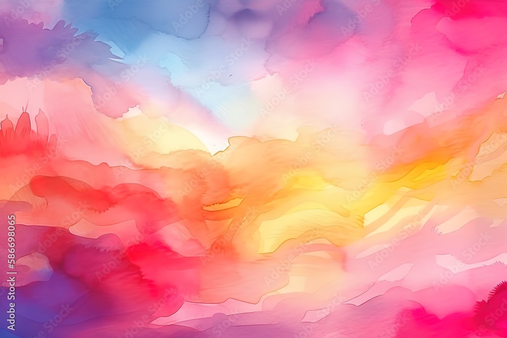 Abstract colorful watercolor background. Spring or Easter sunrise sky. Easter background. Painted watercolor blob texture. Red orange yellow blue purple and pink color , Generative AI
