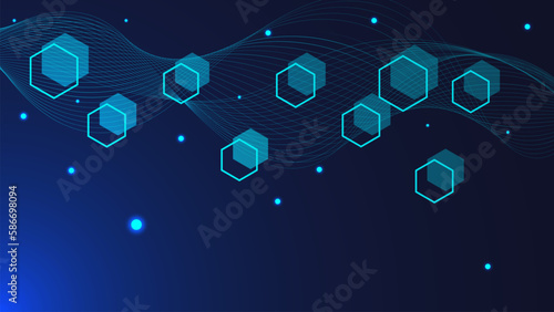 Hexagonal with glowing particles and wave flow for peer to peer network connection background.