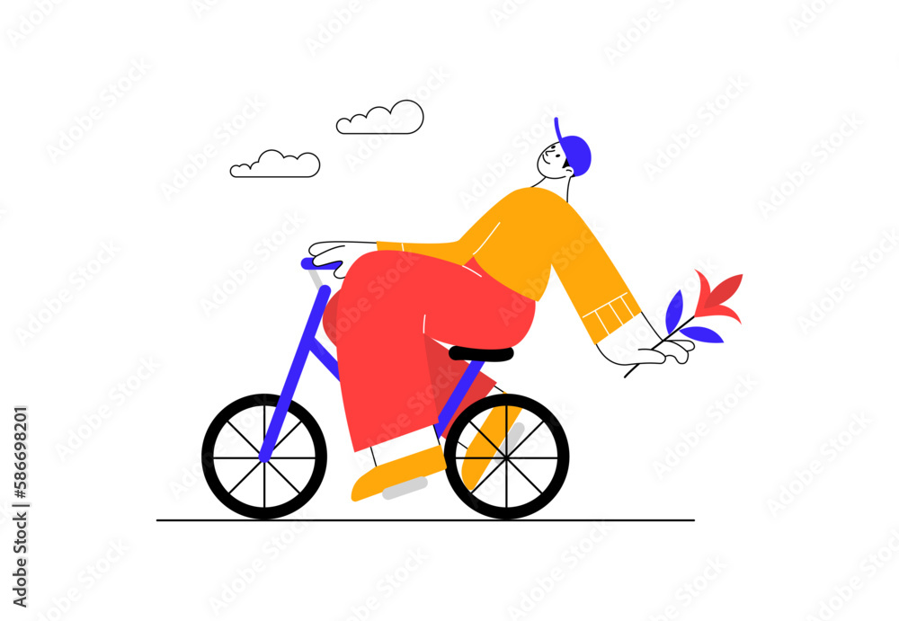 Happy man on bicycle. Bike ride. Person travels by bicycle. Hand drawn character. Cycling in nature. Bicycle day postcard. Doodle style. Active lifestyle, summer sports. Vector illustration