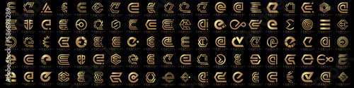 mega collection letters E logo design inspiration. minimalist abstract letter logos with gold color