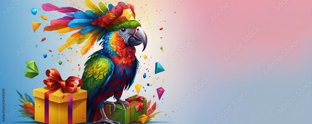 Animal postcard, in a party hat, confetti balloons, brush-drawn style, congratulation, celebration, happy birthday, generative ai