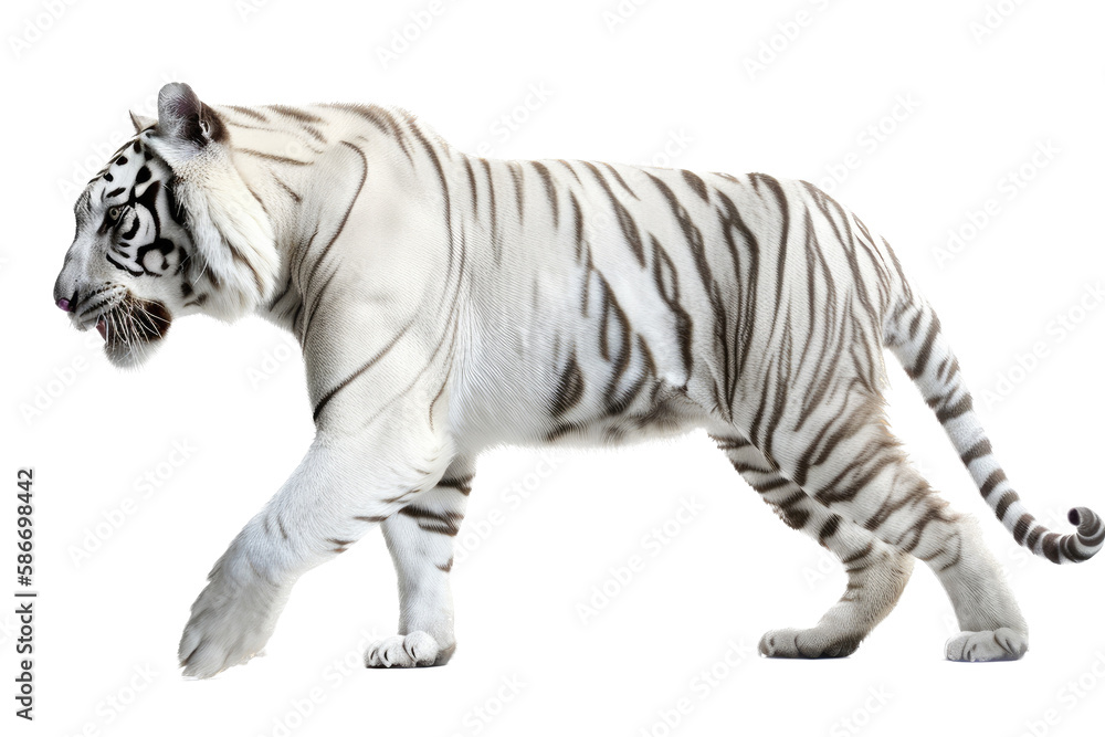 Obraz premium an isolated white tiger walking, prowling, side-view portrait, jungle-themed photorealistic illustration on a transparent background cutout in PNG, generative ai