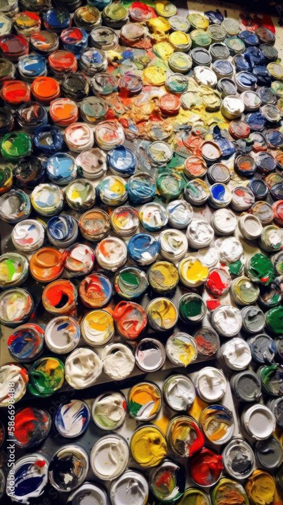 Painter's Palette Unleashed: A Top-Down View of Colorful Artist Paint Cans, Generative AI Painter's Palette Unleashed: A Top-Down View of Colorful Artist Paint Cans, Generative AI