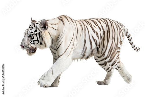 an isolated white tiger walking, prowling, side-view portrait, jungle-themed photorealistic illustration on a transparent background cutout in PNG, generative ai