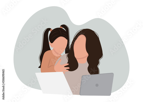 Woman freelancer working from home with child. Single mom taking care of her daughter alone. Single parent family