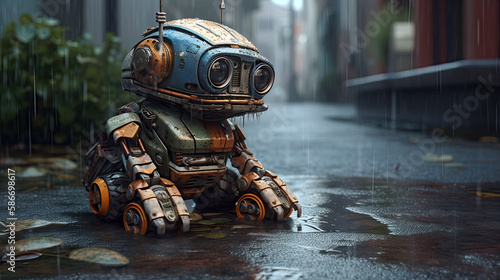 robot old rusty broken on a rain-soaked street (created with Generative AI)