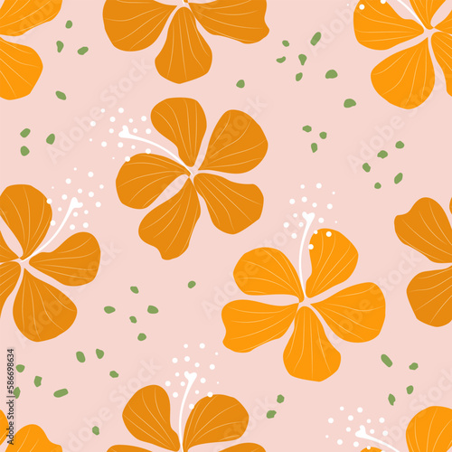 Floral seamless pattern. Decorative hand drawn tropical hibiscus flowers. Cute yellow hibiscus flower on pink background for print, textile, fabric. Vector.