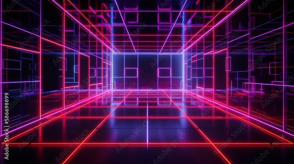 Obraz premium 3d rendering of brightly glowing lights in triangular shapes. Generative Ai