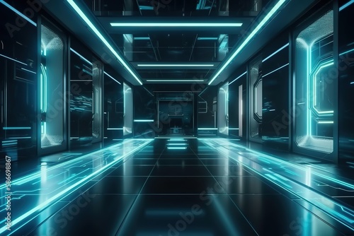 Abstract Futuristic empty floor and room Sci - Fi Corridor With light for showcase, room, interior, display products. Modern Future cement floor and wall background 3d, Generative AI