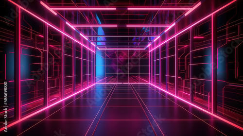 cyber space with grid, glowing with violet red neon light. Generative Ai
