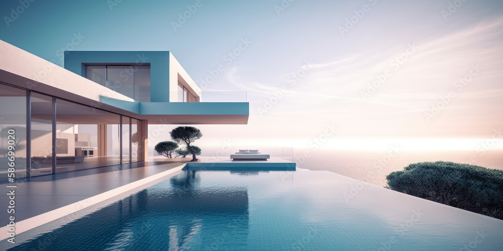 Fototapeta premium A luxurious, modern villa with a pool and the ocean in the distance. - Generative AI