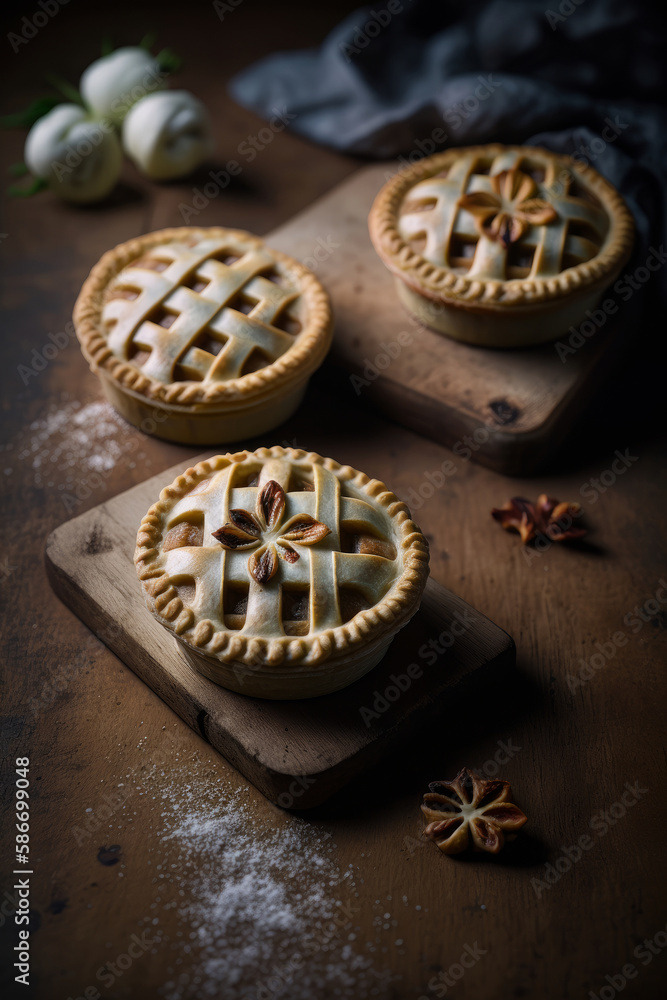Mini apple pies with lattice pastry topping on a wooden. Illustrator AI Generative Mini apple pies with lattice pastry topping on a wooden. Illustrator AI Generative