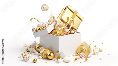 3d render, white and gold Christmas ornaments, candies. Generative Ai