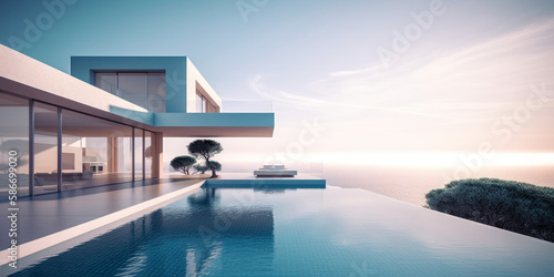 A luxurious, modern villa with a pool and the ocean in the distance. - Generative AI