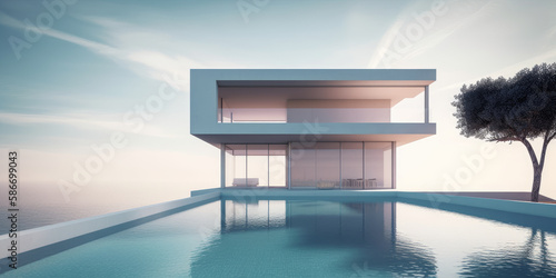 A luxurious, modern villa with a pool and the ocean in the distance. - Generative AI © Bartek