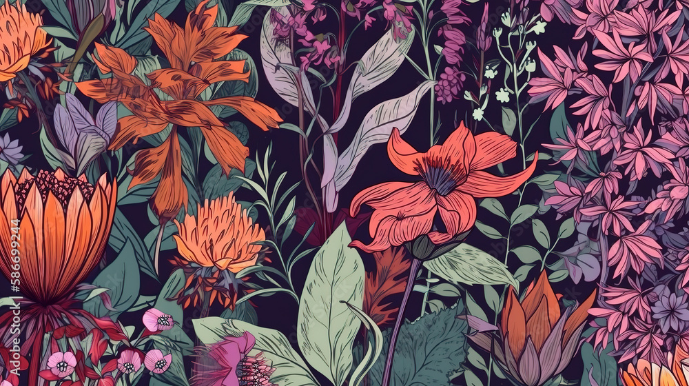 Colorful tropical floral pattern. Generative Ai
