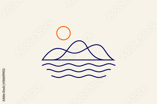 Abstract line art logo of mountains and ocean waves or lake in sunlight