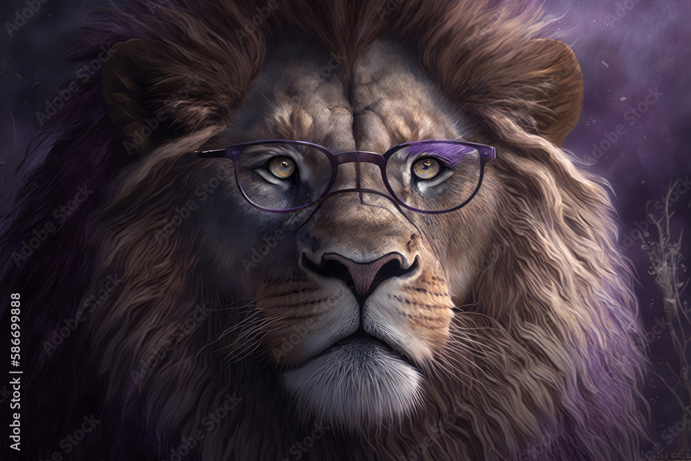 purple lion with glasses. Illustrator AI Generative