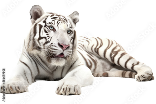 an isolated white tiger laying down  front-view portrait  jungle-themed photorealistic illustration on a transparent background cutout in PNG  Generative ai