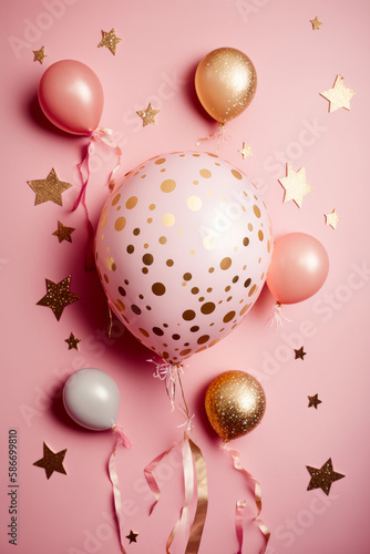 Party balloon pink background with little golden stars. Illustrator AI Genera...