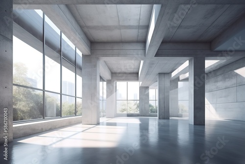 Abstract modern architecture background  empty white open space interior with windows and concrete walls. 3D rendering  Generative AI