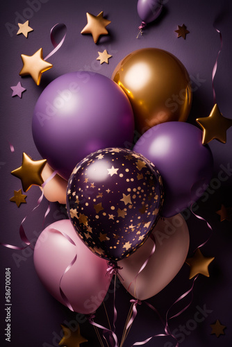 Party balloon violet background with little golden stars. Illustrator AI Gene...