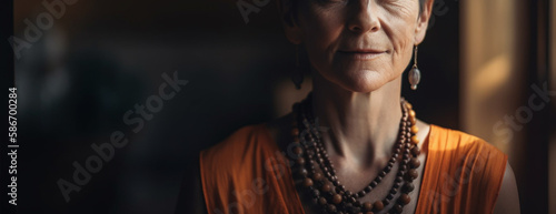 Portrait of senior woman in vintage dress with beads at home.generative ai