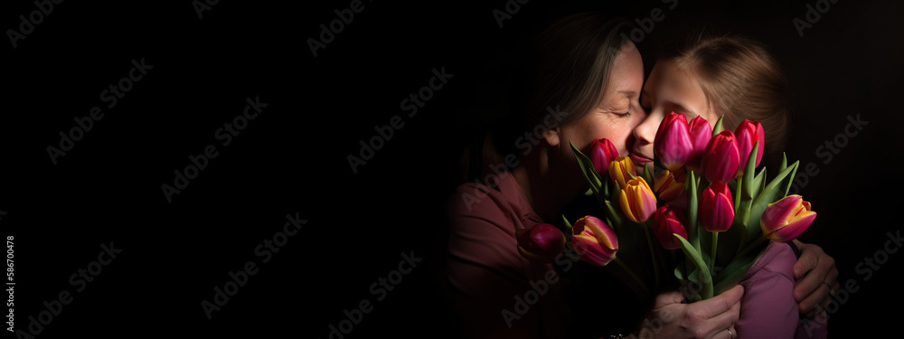Mother's Day Celebration: Daughter presenting bouquet of tulip to the mother Mother's Day Celebration: Daughter presenting bouquet of tulip to the mother