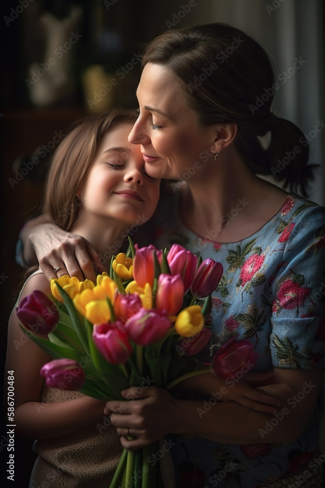Mother's Day Celebration: Daughter presenting bouquet of tulip to the mother Mother's Day Celebration: Daughter presenting bouquet of tulip to the mother