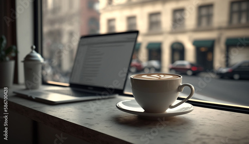 a cup of coffee is on the windowsill next to the laptop. Generative Ai