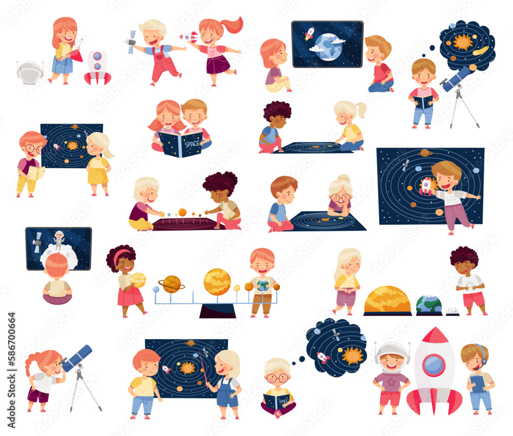 Children Characters Studying Space and Galaxy Examining Solar Planets and Playing with Spacecraft Big Vector Set Children Characters Studying Space and Galaxy Examining Solar Planets and Playing with Spacecraft Big Vector Set