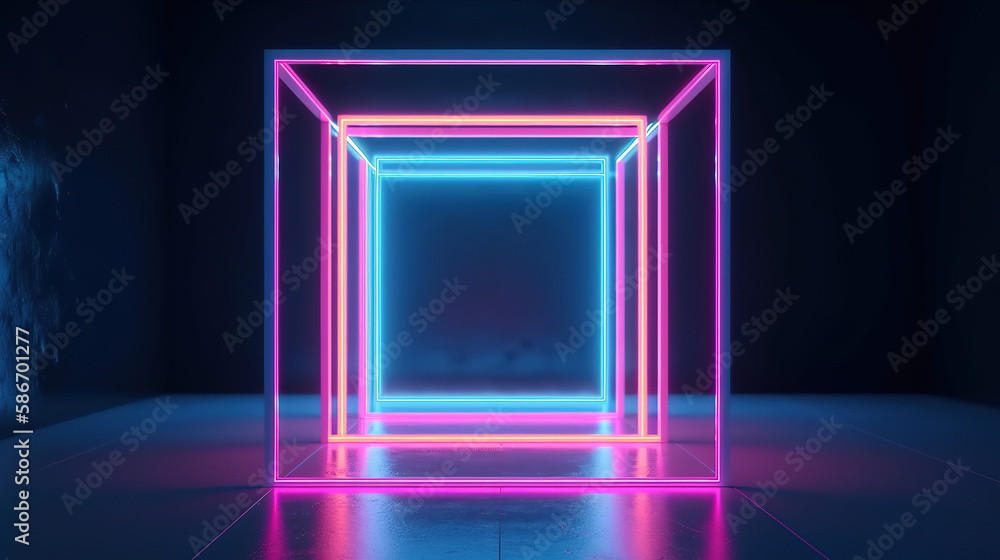 3d render, blue pink neon square frame, empty space, ultraviolet light. Generative Ai