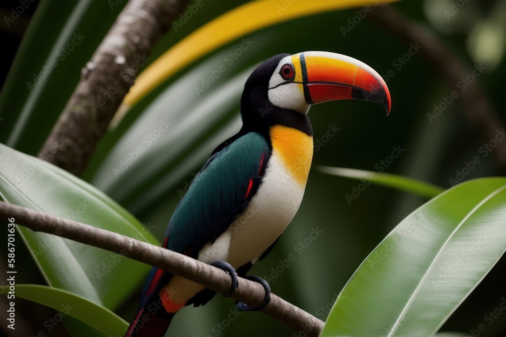 Fototapeta premium Toucan in the treetops in a tropical rainforest. Wildlife concept of ecological environment. Generative AI