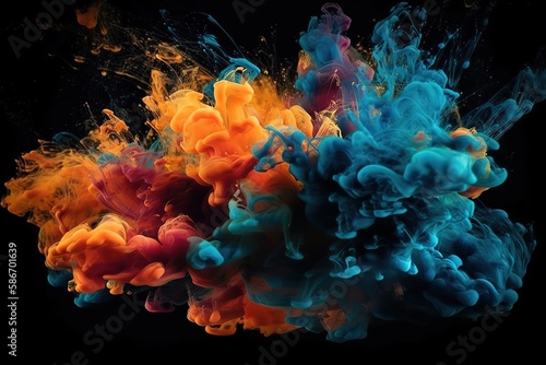 Acrylic colors and ink in water. paint on a black background, the best photo, Generative AI