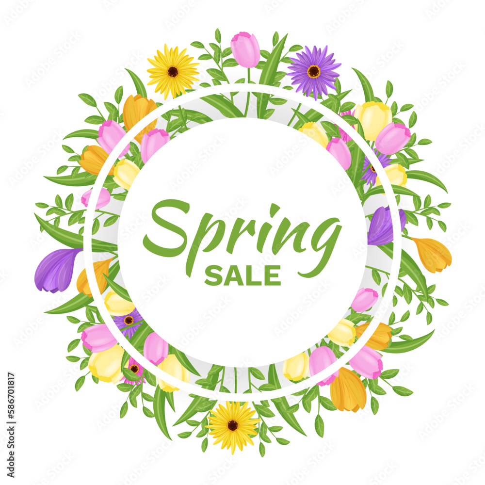 Spring Sale Banner Design with Beautiful Flowers Vector Template