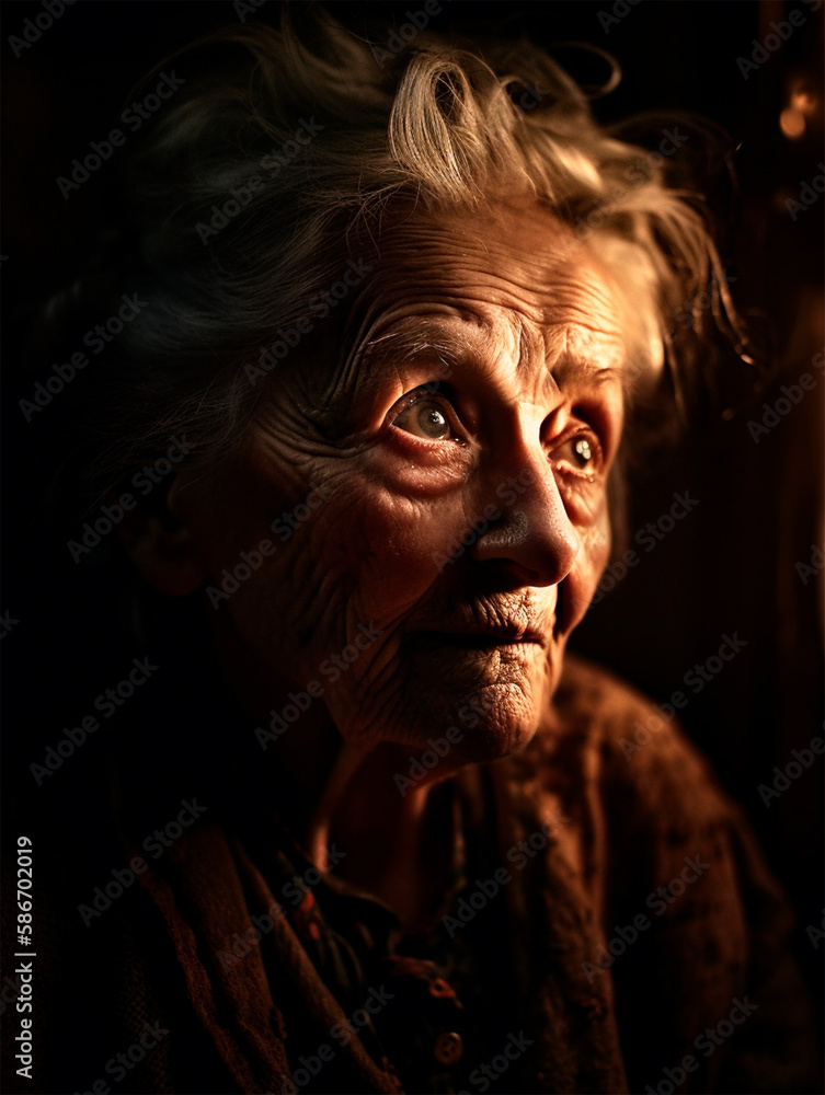 old woman looks very sad in cinematic light