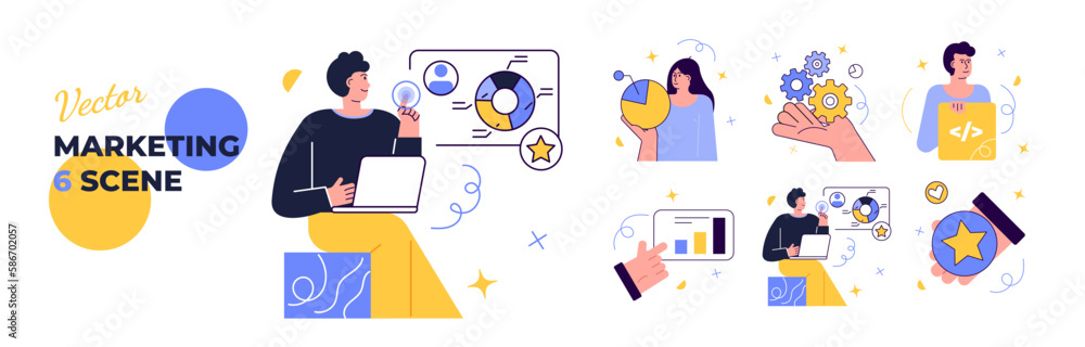 Digital Marketing illustrations. Big set. Collection of scenes with men and women taking part in business activities. Different man and woman specialist. Vector illustration Digital Marketing illustrations. Big set. Collection of scenes with men and women taking part in business activities. Different man and woman specialist. Vector illustration