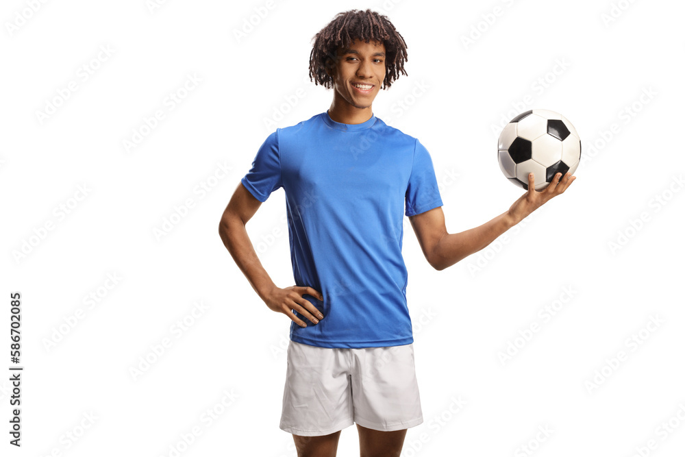 Portrait of an african american football player smiling and holding a ball Portrait of an african american football player smiling and holding a ball