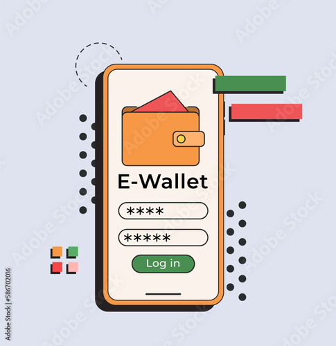 E-paymet log in page. Online pay. Mobile phone and wallet with money vector. Online payment, digital e-payment concept. Internet banking.