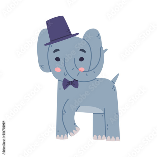 Funny Elephant with Large Ear Flaps and Trunk Wearing Top Hat and Bow Tie Vector Illustration