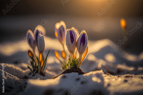 Spring Flowers - Crocus Blossoms On Melt Snow. Illustrator AI Generative