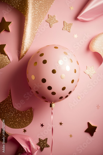 Party balloon pink background with little golden stars. Illustrator AI Genera...